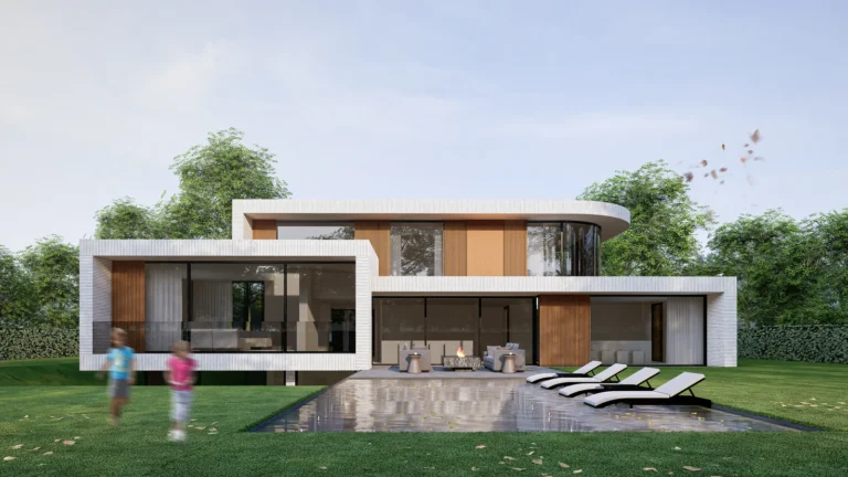 Vrijstaand bijgebouw met strakke architectuur in de tuin bij een woning