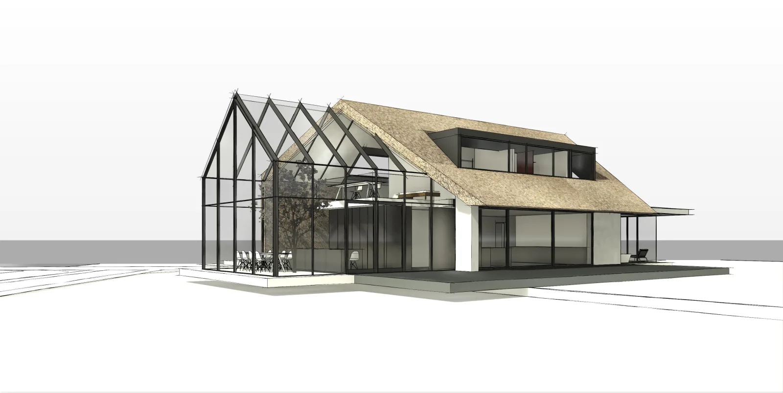 3D-schetsontwerp van een vrijstaande woning met rieten kap en glazen gevel