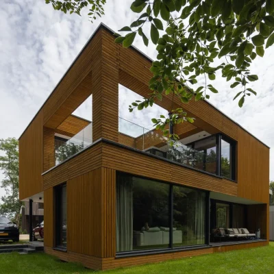 Portfolio project van moderne houten villa met grote glaspartijen en strakke volumes, ontworpen in een groene woonomgeving.